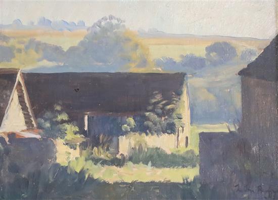 Julian Barrow (1939-2013) Barns at the foot of the downs 15 x 20cm.